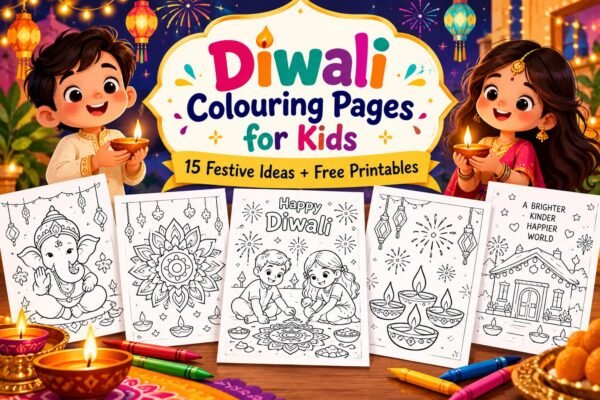 Child colouring a Diwali diya and rangoli colouring page with crayons